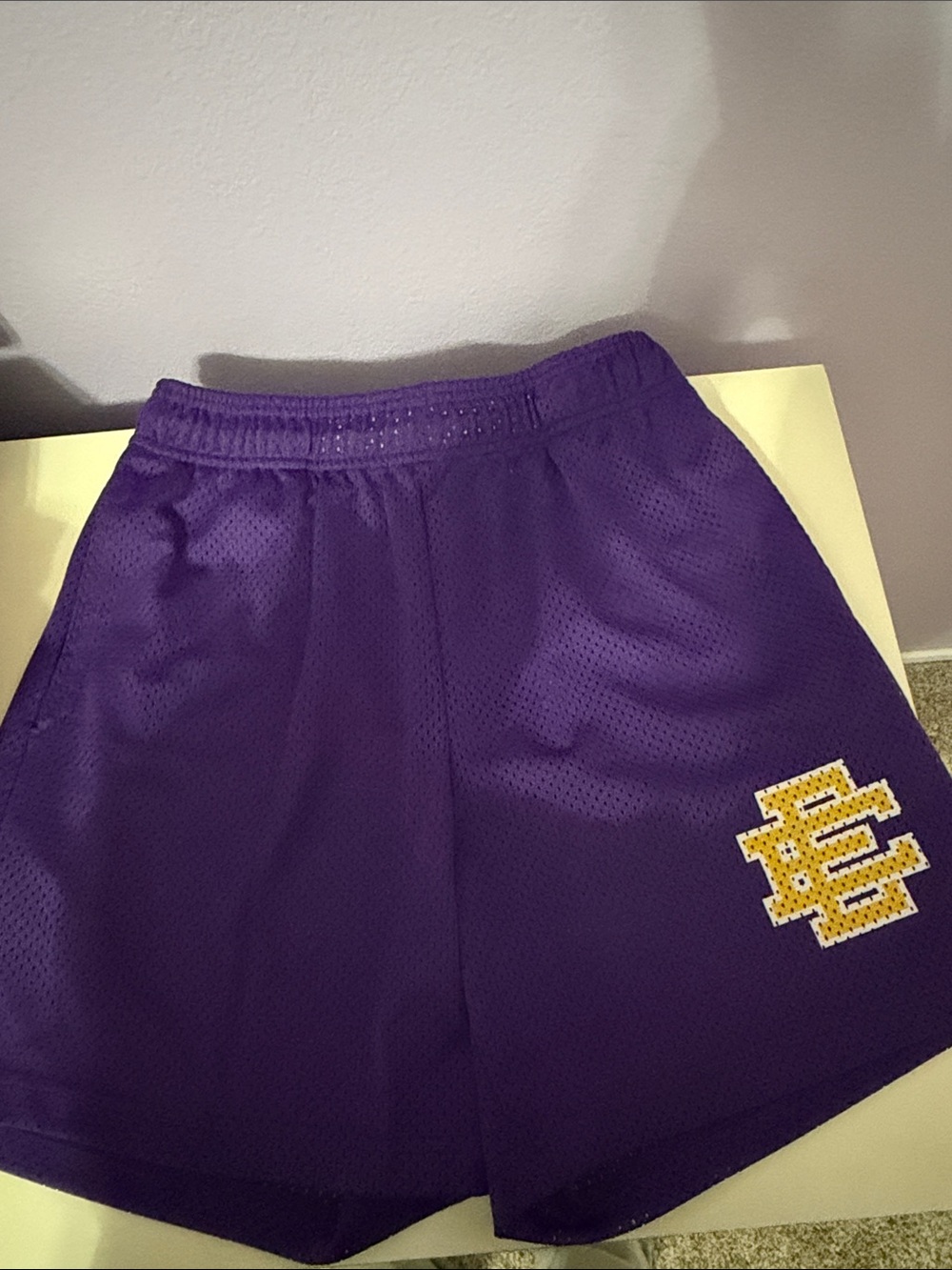 Eric Emanuel Purple Mesh Shorts with Yellow Label